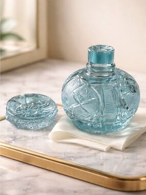 VINTAGE Pressed Cut Clear Pattern Glass Candy Dish Jar with Matching Side Dish